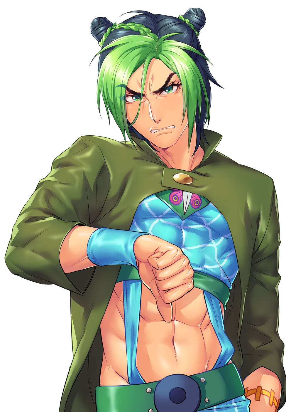 1boy abs angry belt blue_hair blue_shirt braid clenched_teeth coat contrapposto cowboy_shot double_bun eyebrows_visible_through_hair frown genderswap genderswap_(ftm) green_coat green_eyes green_hair highres jojo_no_kimyou_na_bouken kotatsu_(g-rough) kuujou_jolyne looking_at_viewer male_focus multicolored_hair navel shirt simple_background solo stone_ocean teeth thumbs_down white_background