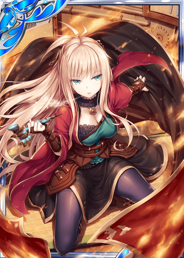 1girl akkijin blonde_hair blue_eyes breasts cape card_(medium) fire holding holding_pipe medium_breasts official_art pantyhose pipe red_cape shinkai_no_valkyrie solo workshop