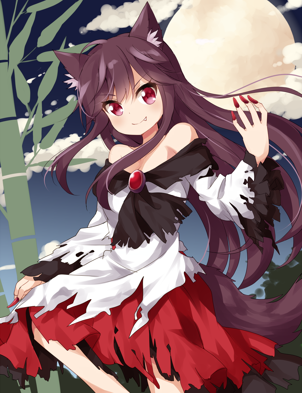 &gt;:) 1girl animal_ears bamboo bare_shoulders brooch brown_hair clouds commentary_request cowboy_shot dress eyebrows_visible_through_hair fang fingernails highres imaizumi_kagerou jewelry long_hair long_sleeves looking_at_viewer moon nail_polish night night_sky off_shoulder red_eyes red_nails ruu_(tksymkw) sharp_fingernails sidelocks sky smile solo tail torn_clothes torn_dress touhou v-shaped_eyebrows very_long_hair wolf_ears wolf_tail