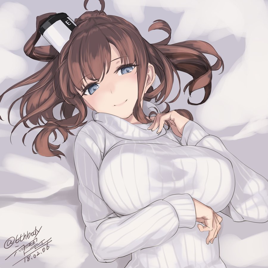 1girl alternate_costume artist_name bed_sheet blue_eyes breasts brown_hair dated kantai_collection large_breasts long_hair long_sleeves rokuwata_tomoe saratoga_(kantai_collection) side_ponytail smile solo sweater twitter_username white_sweater