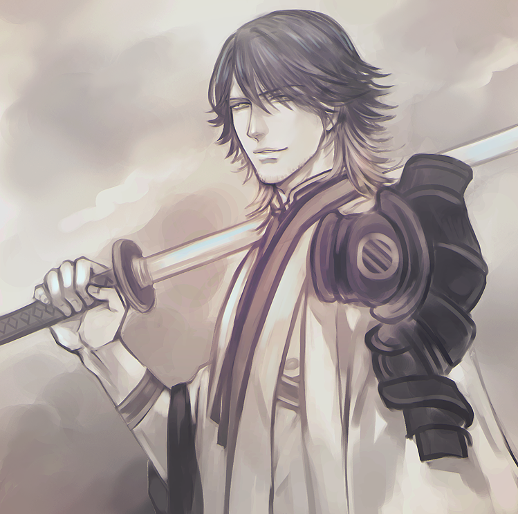 1boy armor black_hair facial_hair japanese_armor kamemushi katana male_focus muted_color nagasone_kotetsu over_shoulder single_pauldron sode solo stubble sword sword_over_shoulder touken_ranbu weapon weapon_over_shoulder