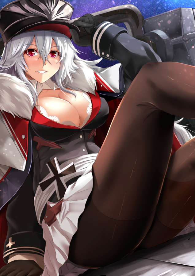 1girl :d adjusting_clothes adjusting_hat ass azur_lane black_gloves black_legwear breasts cleavage commentary_request fur_scarf gloves graf_zeppelin_(azur_lane) hat iron_cross kanzaki_kureha long_hair looking_at_viewer open_mouth pantyhose peaked_cap red_eyes silver_hair sitting smile solo