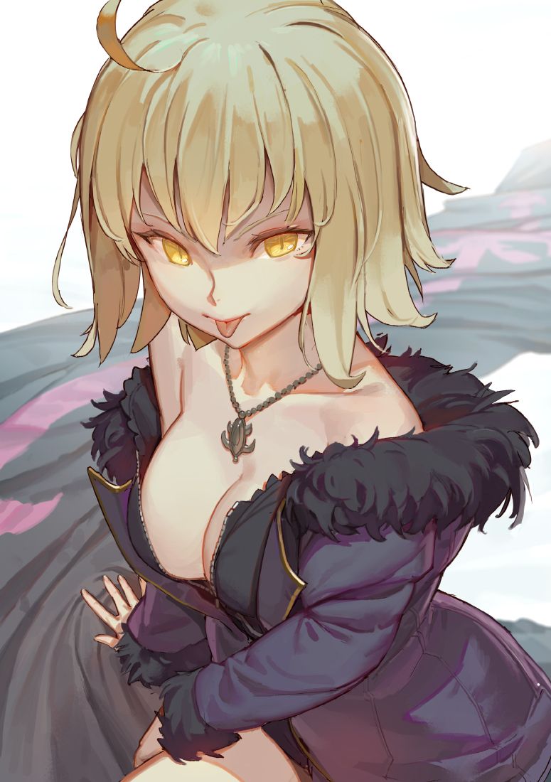 1girl ahoge bangs blonde_hair breasts cleavage fate/grand_order fate_(series) fingernails fur_collar hair_between_eyes jeanne_d'arc_(alter)_(fate) jeanne_d'arc_(fate)_(all) jewelry necklace purple_coat short_hair solo tim_loechner tongue white_background yellow_eyes