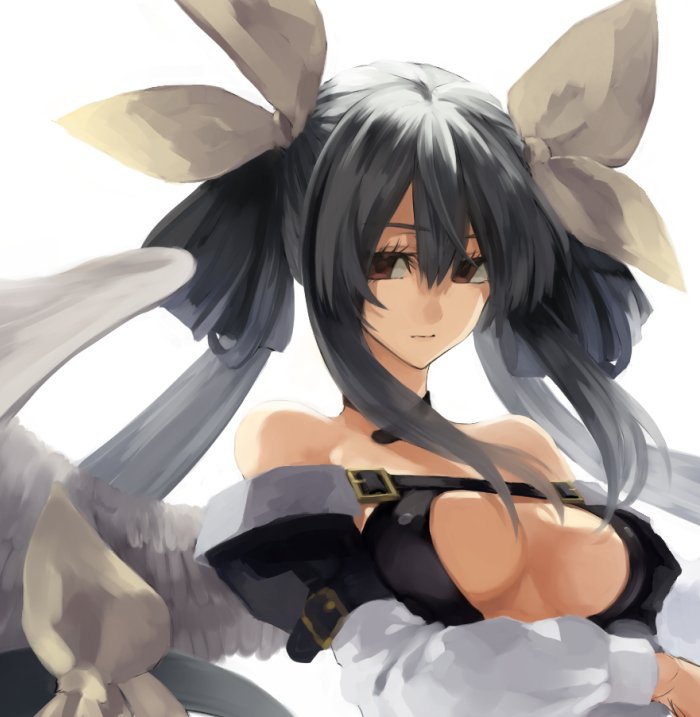 1girl breasts dizzy guilty_gear guilty_gear_xrd hair_ribbon maka_(morphine) off_shoulder ribbon sad tail twintails