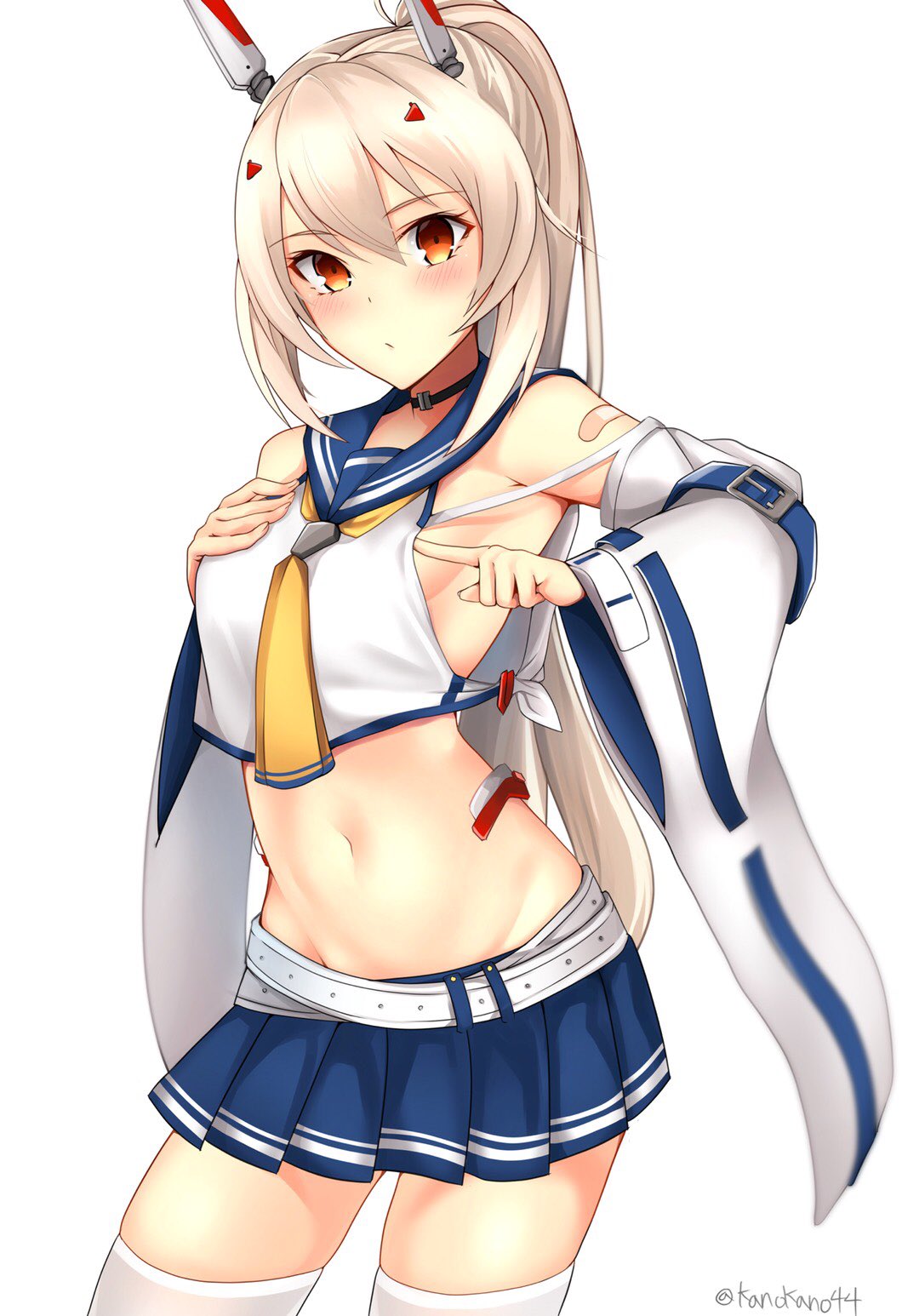 1girl armpits ayanami_(azur_lane) azur_lane bandaid_on_arm choker commentary_request detached_sleeves highres kano_(kanokano44) long_hair looking_at_viewer navel orange_eyes pleated_skirt ponytail remodel_(azur_lane) school_uniform serafuku silver_hair simple_background skirt solo twitter_username wide_sleeves