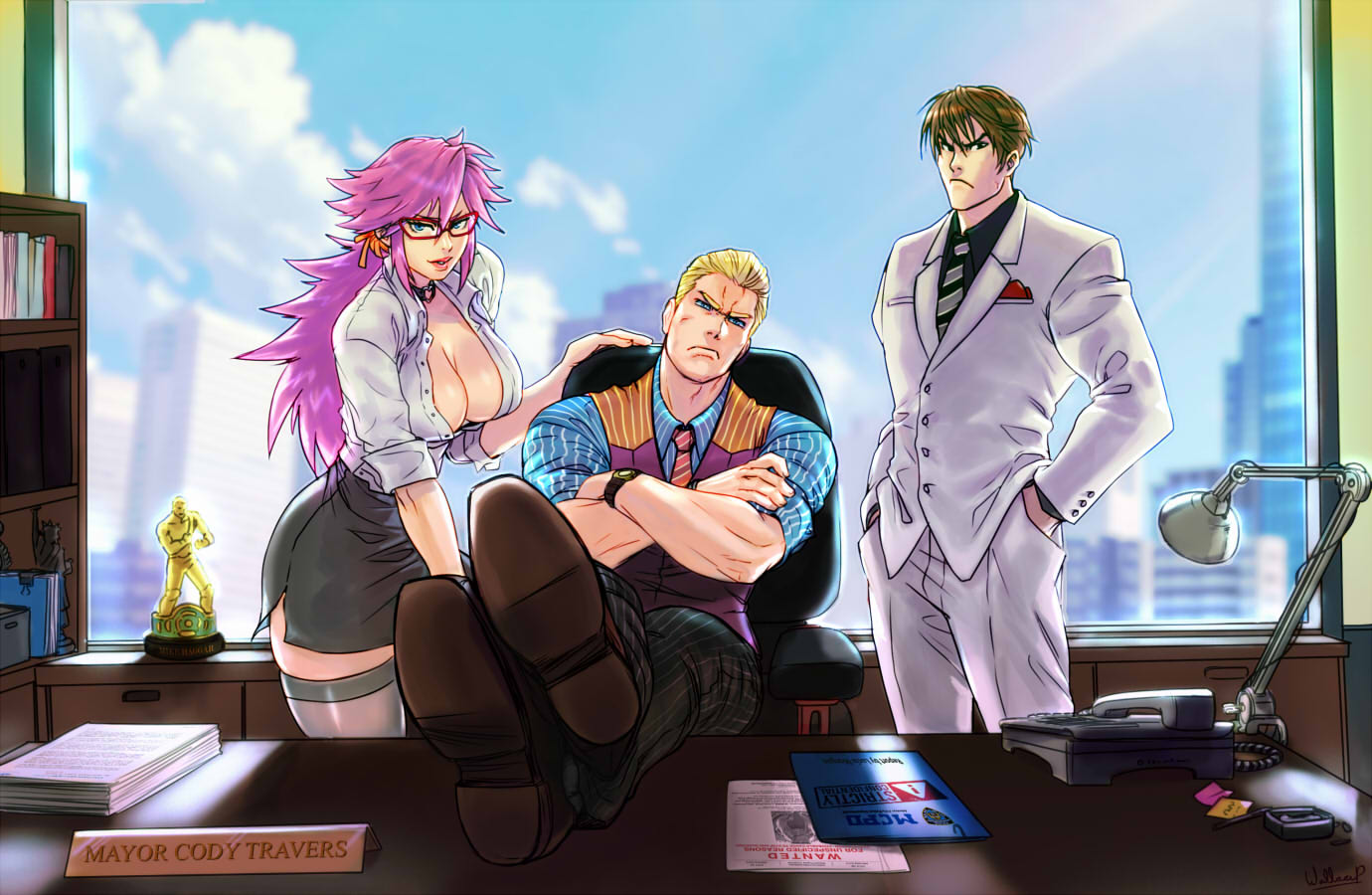1girl 2boys alternate_costume breasts brown_hair city cleavage cody_travers crossed_arms final_fight formal frown gai_(final_fight) hair_slicked_back hands_in_pockets looking_at_viewer mike_haggar multiple_boys office poison_(final_fight) smile street_fighter street_fighter_v waistcoat wallace_pires watch watch window