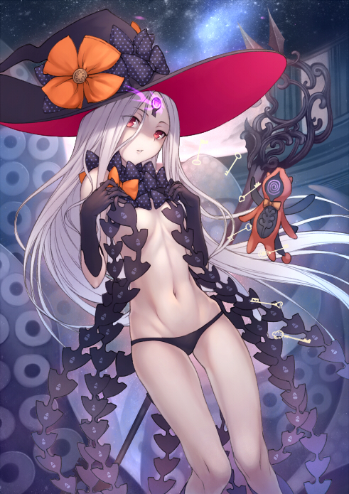 1girl abigail_williams_(fate/grand_order) bangs bare_shoulders black_bow black_gloves black_hat black_panties bow breasts elbow_gloves facial_mark fate/grand_order fate_(series) feet_out_of_frame floating forehead_mark gloves glowing hair_between_eyes hat key kyoeiki looking_at_viewer navel night night_sky orange_bow pale_skin panties parted_bangs parted_lips polka_dot polka_dot_bow red_eyes revealing_clothes shaded_face sky small_breasts solo stomach stuffed_toy tentacle underwear witch_hat