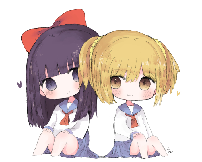 2girls alternate_hair_color bangs black_eyes black_hair blonde_hair blue_sailor_collar blue_skirt blunt_bangs bow brown_eyes chibi closed_eyes closed_mouth cottontailtokki full_body hair_between_eyes hair_bow hair_ornament hair_scrunchie head_tilt heart long_hair long_sleeves looking_at_viewer multiple_girls necktie pipimi pleated_skirt poptepipic popuko red_bow red_neckwear sailor_collar school_uniform scrunchie serafuku shirt short_hair simple_background sitting skirt smile two_side_up white_background white_shirt yellow_scrunchie