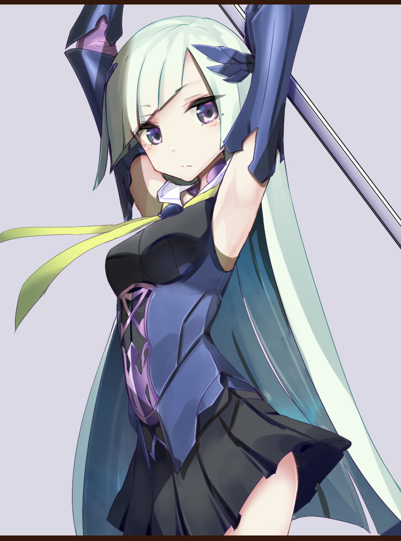 1girl arms_up brynhildr_(fate) fate/prototype fate/prototype:_fragments_of_blue_and_silver fate_(series) grey_background hair_ornament letterboxed long_hair looking_at_viewer pleated_skirt polearm simple_background skirt solo tenrai violet_eyes weapon white_hair