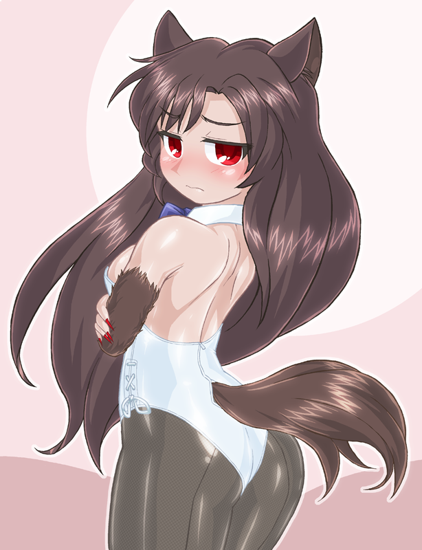 1girl animal_ears ass black_legwear blue_neckwear bow bowtie brown_hair cowboy_shot detached_collar embarrassed fingernails from_behind imaizumi_kagerou leotard long_fingernails looking_at_viewer nail_polish pantyhose playboy_bunny_leotard red_eyes solo strapless strapless_leotard tail touhou white_leotard winn wolf_ears wolf_tail