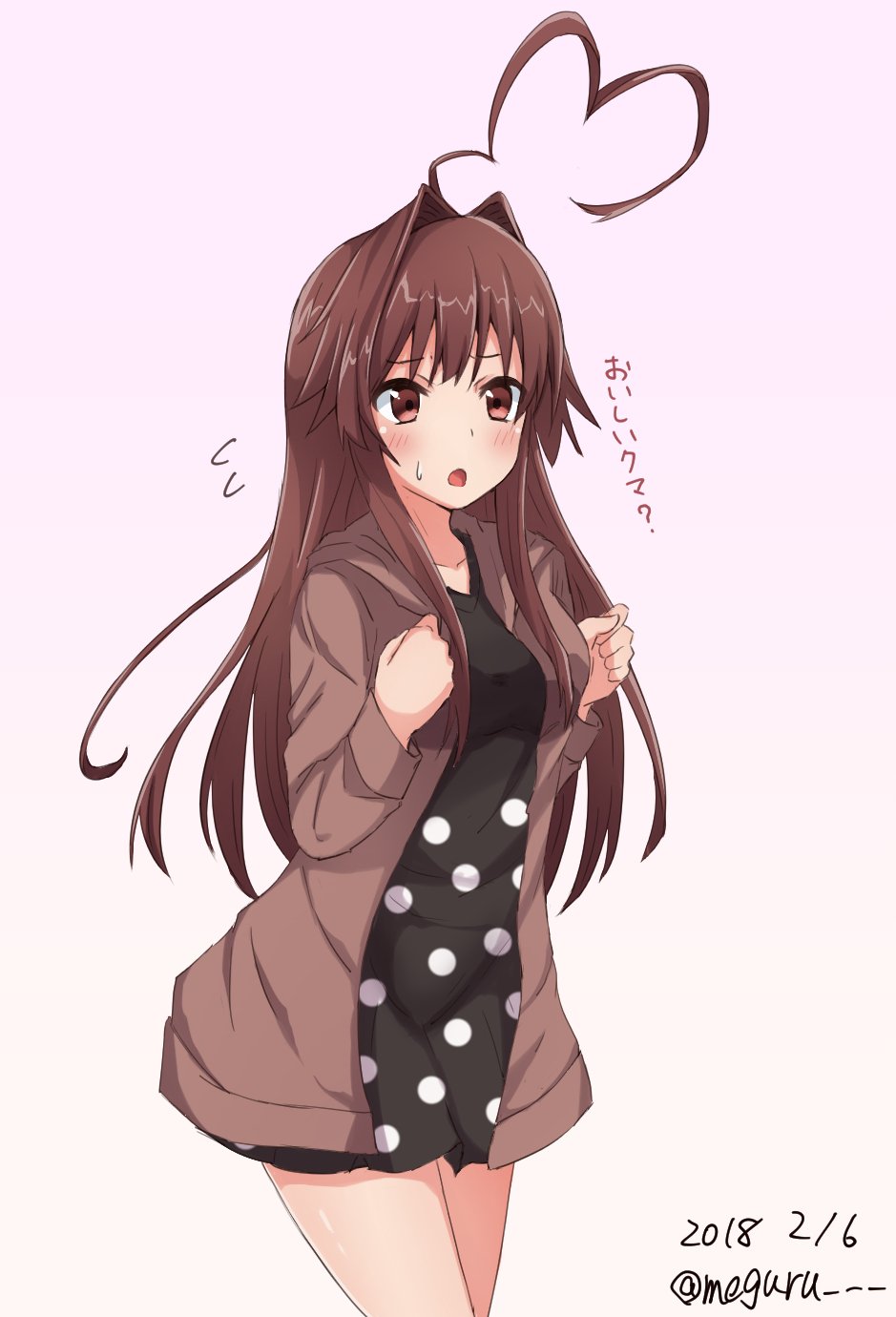 1girl ahoge black_dress brown_eyes brown_hair brown_jacket commentary_request cowboy_shot dated dress gradient gradient_background highres hood hooded_jacket hoodie huge_ahoge jacket kantai_collection kuma_(kantai_collection) long_hair meguru_(megurunn) pink_background polka_dot polka_dot_dress solo standing twitter_username