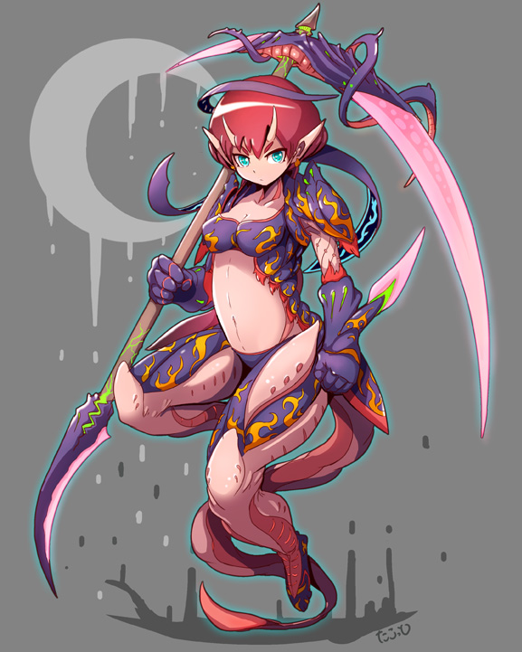 1girl blue_eyes crescent expressionless fantasy grey_background horns monster monster_girl original pink_skin pointy_ears redhead scythe solo tail takotto tentacle