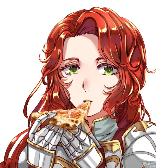 1girl braid fire_emblem fire_emblem:_souen_no_kiseki food green_eyes long_hair looking_at_viewer pizza redhead solo tiamat_(fire_emblem) wanini