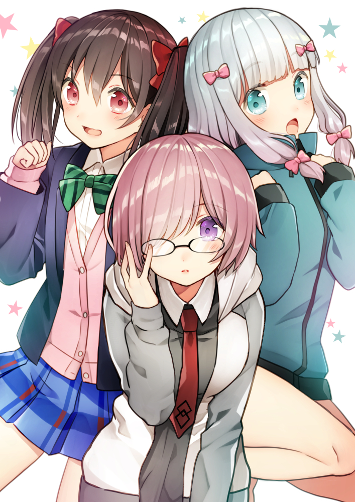 3girls :d adjusting_eyewear bangs black-framed_eyewear black_blazer black_dress blazer blue_eyes blue_jacket blue_skirt blush bow bowtie breasts brown_hair cardigan collared_shirt commentary_request crossover dress eromanga_sensei eyebrows_visible_through_hair fate/grand_order fate_(series) fingernails glasses green_neckwear hair_between_eyes hair_bow hair_over_one_eye hood hood_down hoodie izumi_sagiri jacket kurata_rine leaning_forward long_hair long_sleeves looking_at_viewer love_live! love_live!_school_idol_project mash_kyrielight medium_breasts multiple_crossover multiple_girls necktie open_blazer open_clothes open_jacket open_mouth parted_lips pink_bow pink_cardigan pink_hair plaid plaid_skirt pleated_skirt red_bow red_eyes red_neckwear shirt short_hair sidelocks silver_hair skirt sleeves_past_wrists smile star starry_background track_jacket twintails violet_eyes white_background white_hoodie white_shirt yazawa_nico