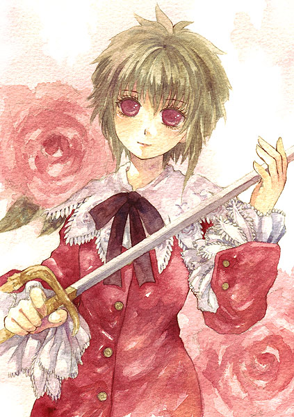 1girl asellus_(saga_frontier) breasts commentary_request dress flower green_hair red_flower red_rose rose saga saga_frontier shiroma_(mamiko) short_hair solo traditional_media watercolor_(medium)