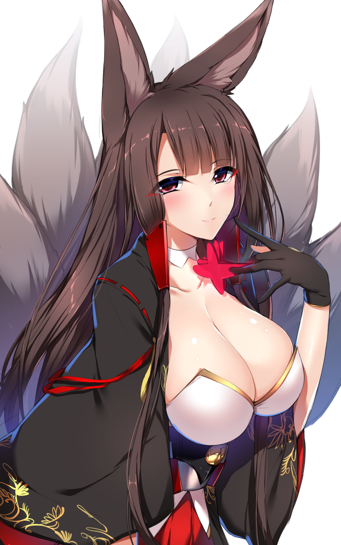 1girl akagi_(azur_lane) animal_ears azur_lane bangs black_gloves blunt_bangs blush breasts brown_hair choker cleavage fox_ears fox_tail gloves japanese_clothes large_breasts long_hair looking_at_viewer minamon_(vittel221) multiple_tails red_eyes sidelocks smile solo tail