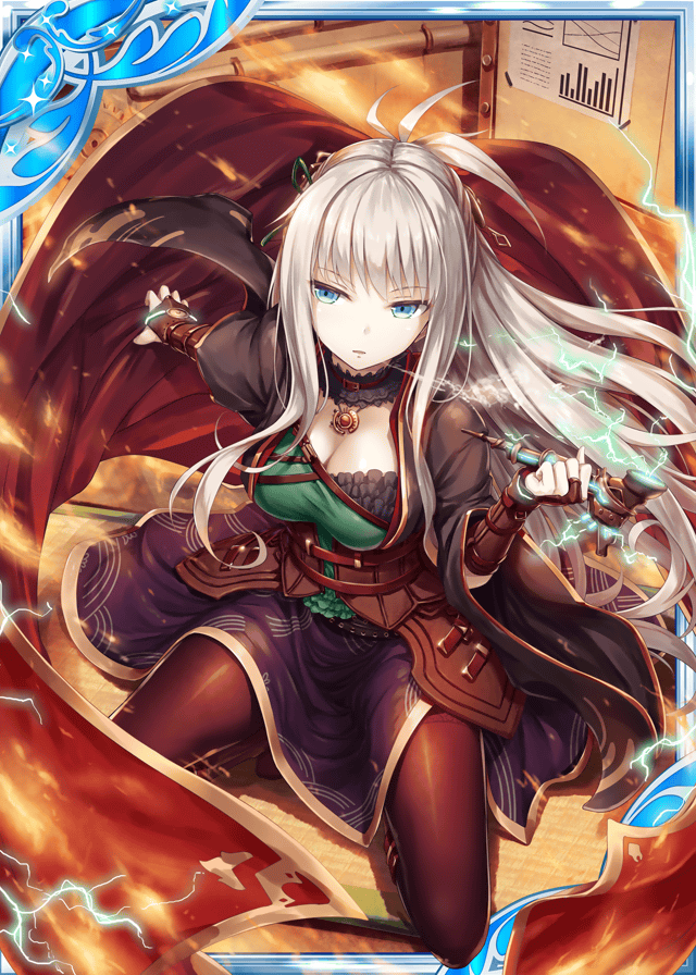 1girl akkijin blue_eyes blueprint breasts cape card_(medium) fire holding holding_pipe lightning lightning_bolt medium_breasts official_art pantyhose pipe red_cape shinkai_no_valkyrie silver_hair smoking solo workshop