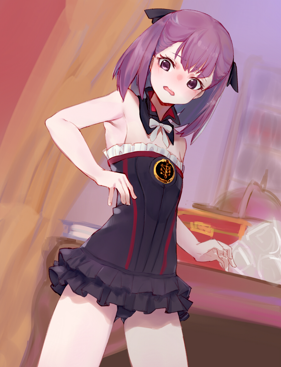 1girl bare_shoulders black_panties black_skirt blurry blurry_background book fate/grand_order fate_(series) flat_chest gluteal_fold helena_blavatsky_(fate/grand_order) highres indoors looking_at_viewer open_mouth panties papipana purple_hair skirt solo underwear violet_eyes