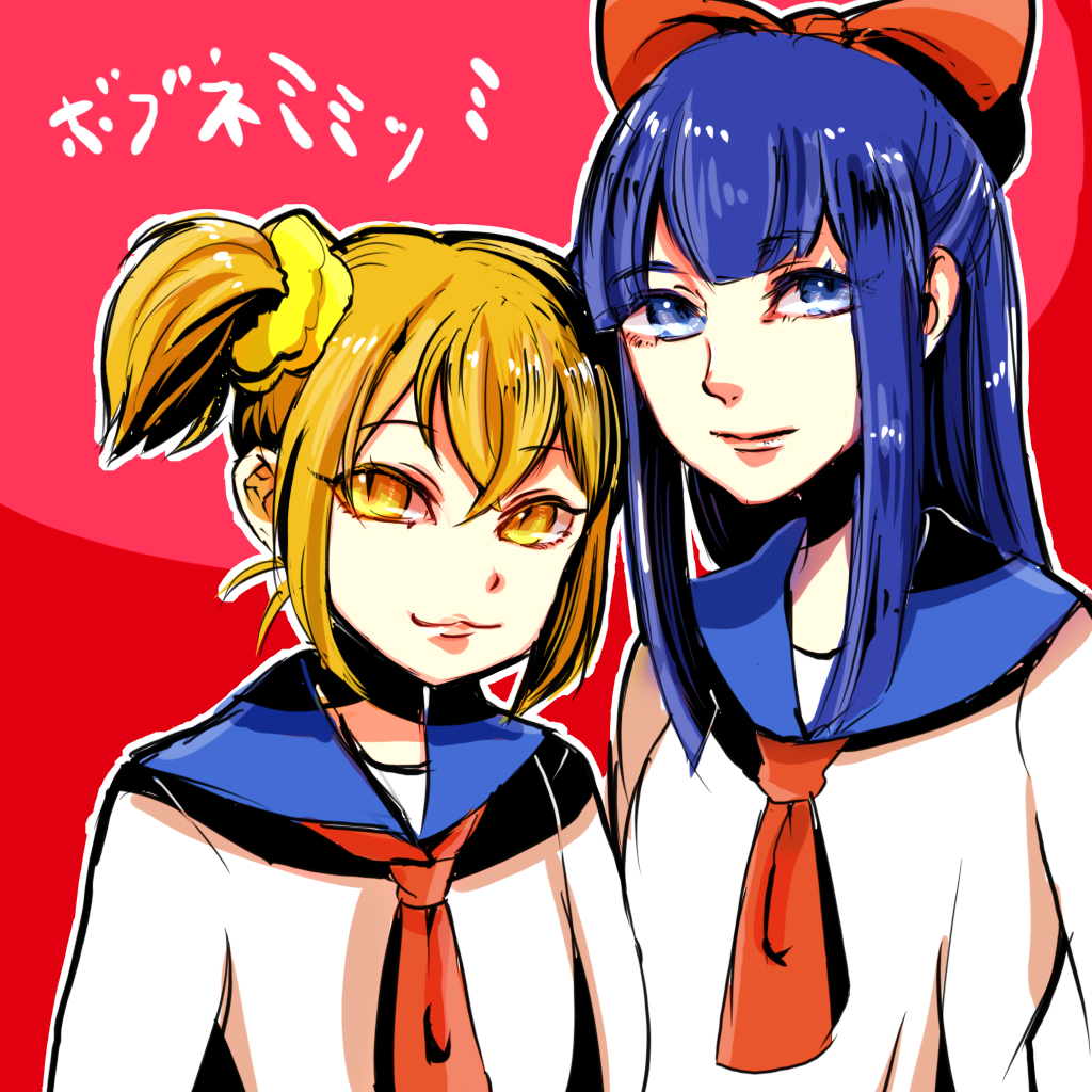 2girls arms_at_sides ballpoint_pen_(medium) bangs blue_hair bow closed_mouth commentary_request eyebrows_visible_through_hair hair_between_eyes hair_bow hair_ornament hair_scrunchie long_sleeves looking_at_viewer marimoto_tanishi multiple_girls necktie pink_background pipimi poptepipic popuko red_background red_bow red_neckwear scrunchie shirt short_hair simple_background slit_pupils traditional_media two-tone_background two_side_up white_shirt yellow_eyes yellow_scrunchie