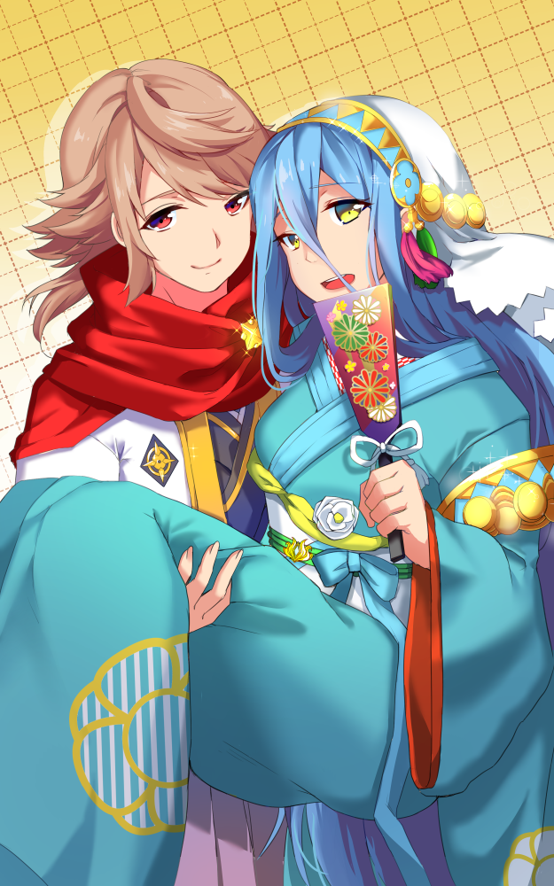 1boy 1girl aqua_(fire_emblem_if) blue_hair brown_hair carrying fan fire_emblem fire_emblem_heroes fire_emblem_if japanese_clothes kimono looking_at_viewer male_my_unit_(fire_emblem_if) my_unit_(fire_emblem_if) princess_carry scarf smile streya