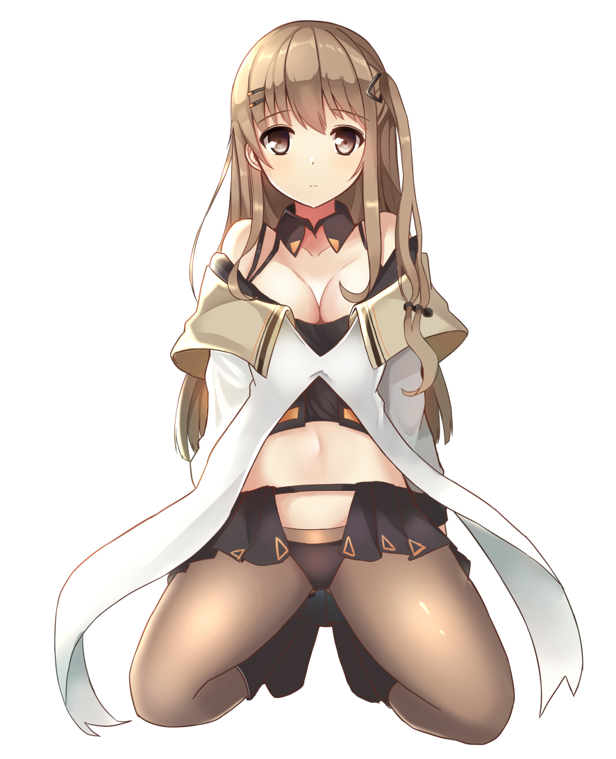 1girl bangs bare_shoulders blush breasts brown_eyes brown_hair cleavage expressionless eyebrows_visible_through_hair frontera girls_frontline hair_ornament hairclip k-2_(girls_frontline) kneeling large_breasts long_hair long_sleeves midriff miniskirt navel panties pantyhose side_ponytail sidelocks simple_background skirt solo spread_legs underwear white_background wing_collar