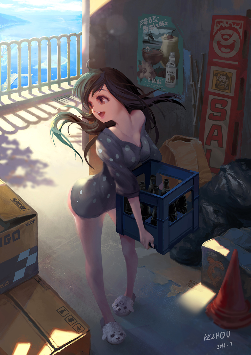 1girl artist_name ass black_hair bottle box breasts character_request copyright_request dated highres holding holding_box kezhou long_hair looking_to_the_side medium_breasts medium_sleeves open_mouth poster_(object) sheep shirt signature slippers smile solo tagme water