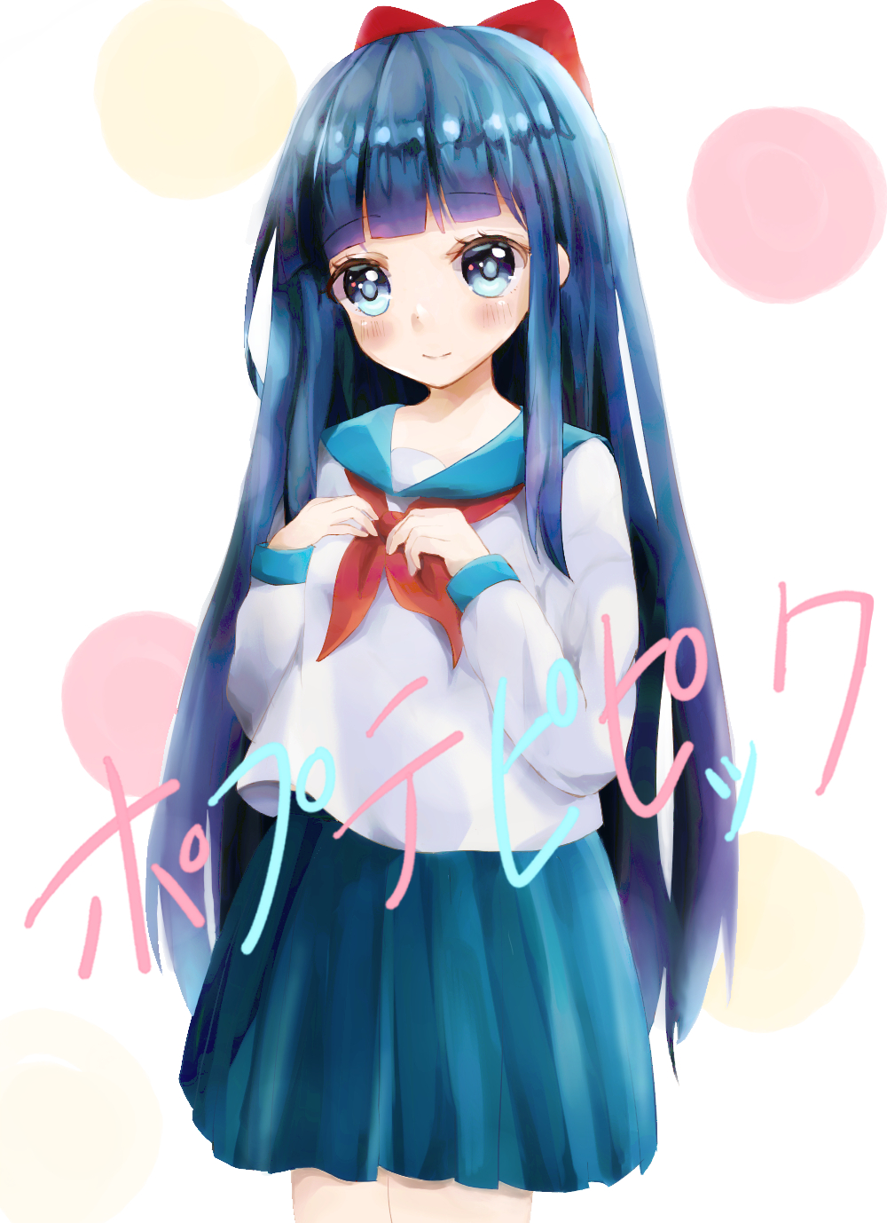 1girl arms_up bangs blue_eyes blue_sailor_collar blue_skirt blush bow copyright_name eyebrows_visible_through_hair hair_bow head_tilt highres koyomichun legs_together long_hair long_sleeves looking_at_viewer multicolored multicolored_polka_dots neckerchief pipimi pleated_skirt polka_dot polka_dot_background poptepipic red_bow red_neckwear sailor_collar shirt skirt smile standing very_long_hair white_background white_shirt