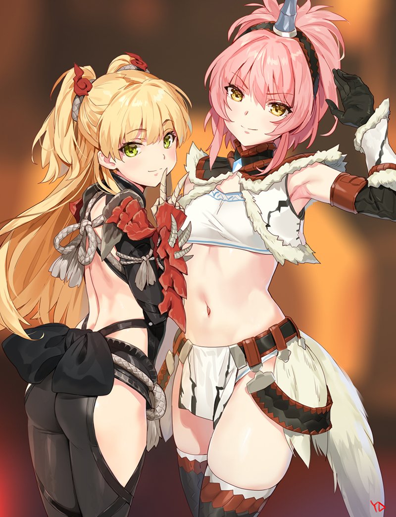 2girls ass back bangs belt black_gloves black_pants blonde_hair blurry blurry_background blush breasts elbow_gloves eyelashes gauntlets gem gloves green_eyes hairband hand_gesture hand_up hip_vent horn idolmaster idolmaster_cinderella_girls jougasaki_mika jougasaki_rika long_hair midriff monster_hunter multiple_girls navel pants pauldrons pelvic_curtain pink_hair ponytail rope sash siblings sidelocks sisters small_breasts smile thigh-highs thighs two_side_up v vest waist yang-do yellow_eyes