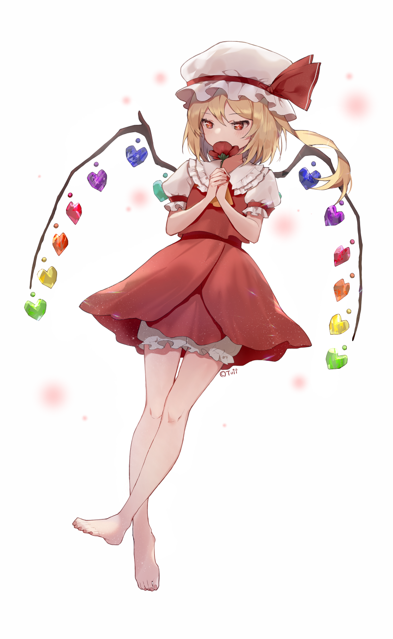 1girl artist_name ascot bangs bare_legs barefoot bloomers blush crystal eyebrows_visible_through_hair flandre_scarlet flower frilled_shirt_collar frilled_sleeves frills full_body hat hat_ribbon heart highres holding holding_flower looking_away looking_to_the_side mob_cap nail_polish one_side_up own_hands_together perri_(mnemosine) puffy_short_sleeves puffy_sleeves red_nails red_ribbon red_skirt ribbon short_hair short_sleeves skirt solo thigh_gap touhou underwear white_hat yellow_neckwear