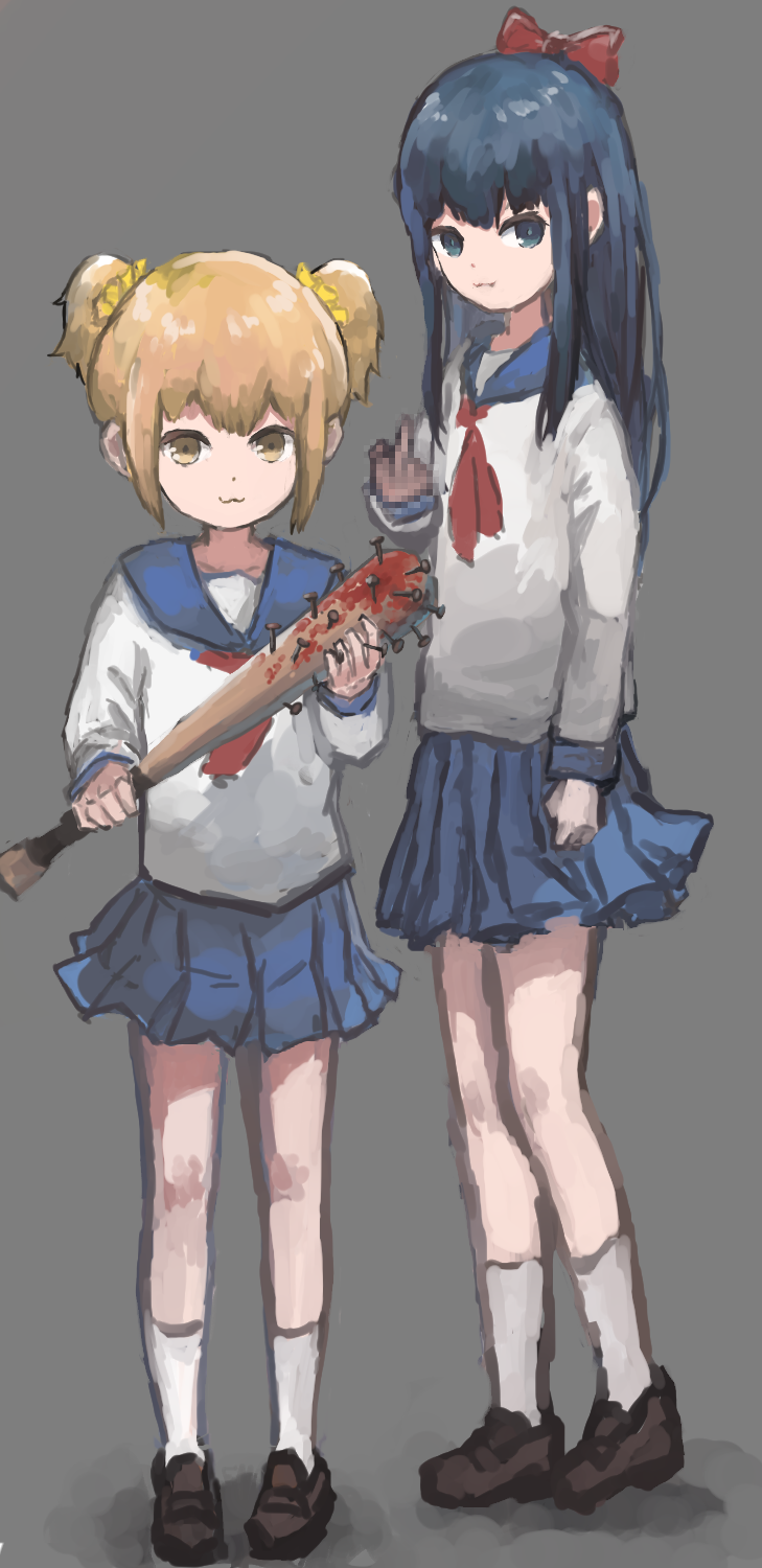 2girls bangs baseball_bat blue_eyes blue_sailor_collar blue_skirt bow brown_footwear censored closed_mouth commentary_request full_body grey_background hair_bow hair_ornament hair_scrunchie highres holding holding_baseball_bat kneehighs loafers long_hair long_sleeves looking_at_viewer middle_finger mosaic_censoring multiple_girls nail nail_bat neckerchief pipimi pleated_skirt poptepipic popuko red_bow red_neckwear rokojii sailor_collar scrunchie shirt shoes short_hair sidelocks simple_background skirt standing two_side_up white_legwear white_shirt yellow_scrunchie