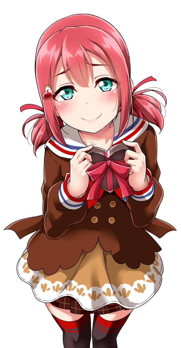 1girl alternate_hairstyle aqua_eyes bangs blush box brown_dress double-breasted dress hair_ornament heart-shaped_box heart_hair_ornament holding holding_box incoming_gift kurosawa_ruby long_sleeves looking_at_viewer love_live! love_live!_sunshine!! low_twintails redhead sailor_dress simple_background smile solo thigh-highs twintails valentine white_background yopparai_oni