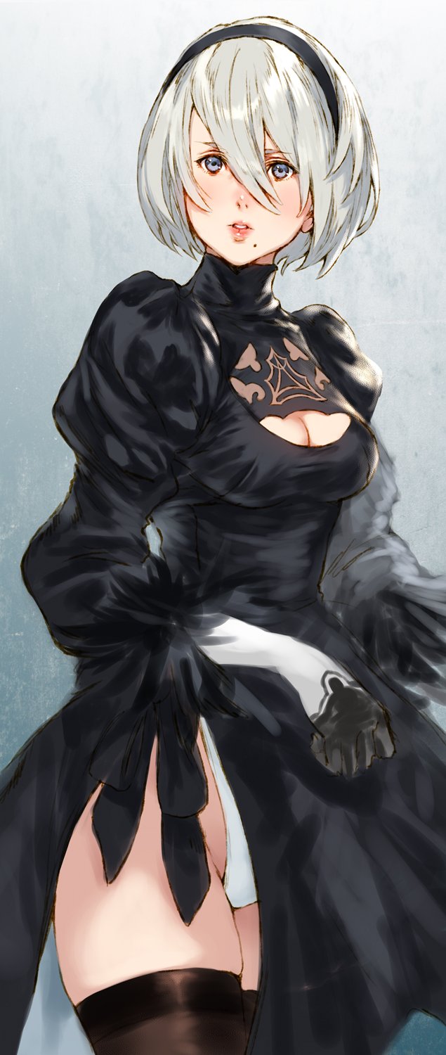 1girl bangs black_dress black_legwear blue_eyes breasts cleavage cleavage_cutout commentary_request dress feather_trim gloves gradient gradient_background highres lips makimura_shunsuke medium_breasts mole mole_under_mouth nier_(series) nier_automata parted_lips puffy_sleeves short_hair side_slit simple_background solo thigh-highs turtleneck underwear white_hair yorha_no._2_type_b