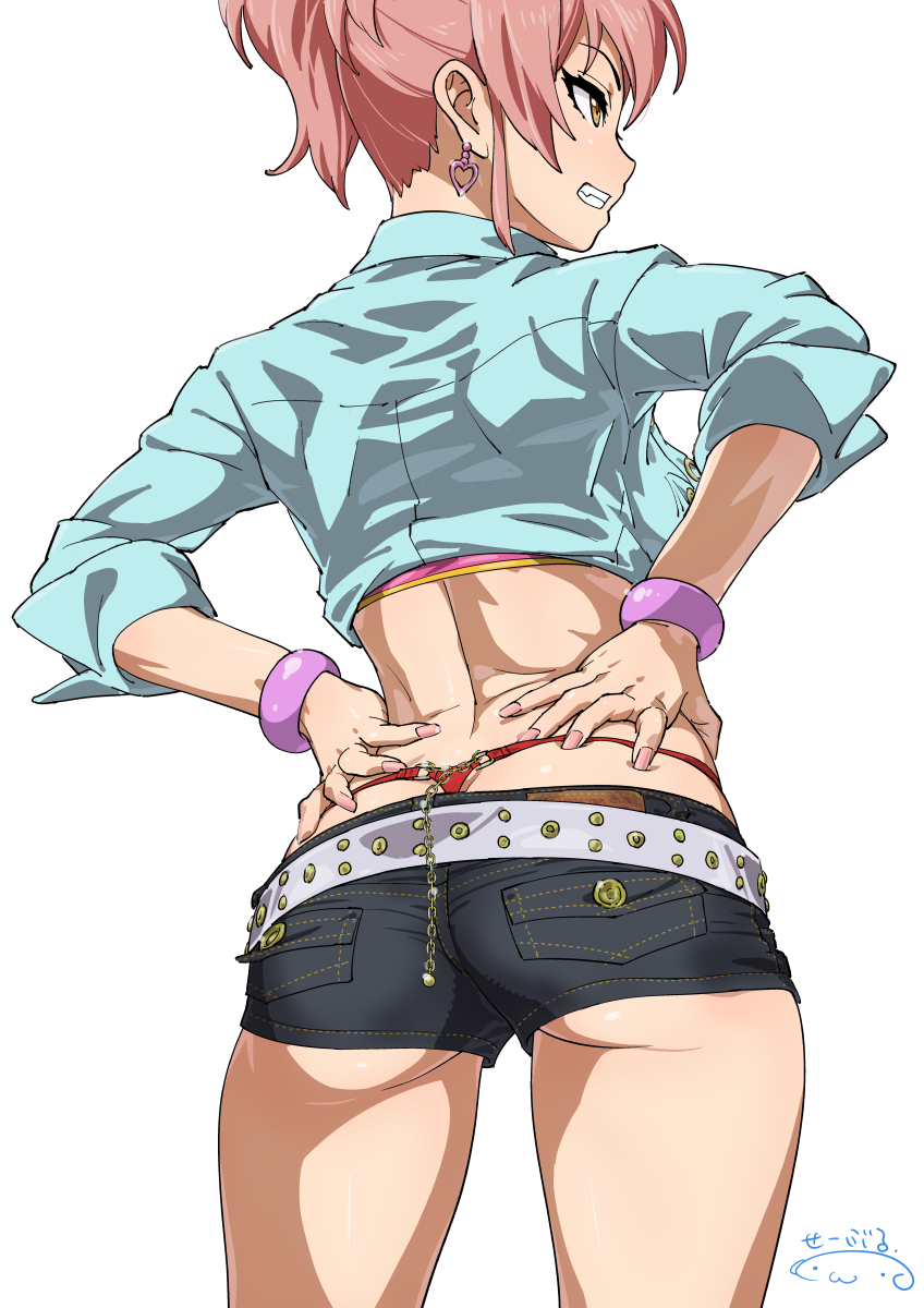 1girl ass back belt blue_skirt bracelet breasts chains denim denim_shorts earrings eyelashes grin hands_on_hips heart heart_earrings highres hips idolmaster idolmaster_cinderella_girls jewelry jougasaki_mika long_hair medium_breasts midriff nail_polish pink_hair pink_nails ponytail shirt short_shorts shorts sidelocks signature simple_background skirt smile solo suna thighs thong tied_shirt waist white_background yellow_eyes