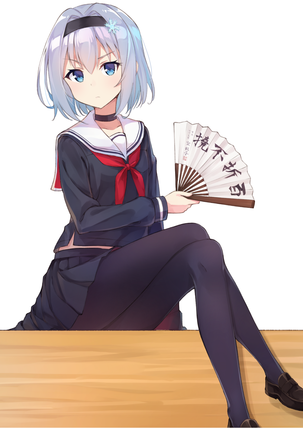 .com 1girl black_legwear black_serafuku blue_eyes closed_mouth commentary_request fan hair_ornament highres holding legs_crossed loafers long_sleeves looking_at_viewer pantyhose paper_fan ryuuou_no_oshigoto! school_uniform serafuku shoes short_hair silver_hair sitting snowflake_hair_ornament solo sora_ginko translation_request