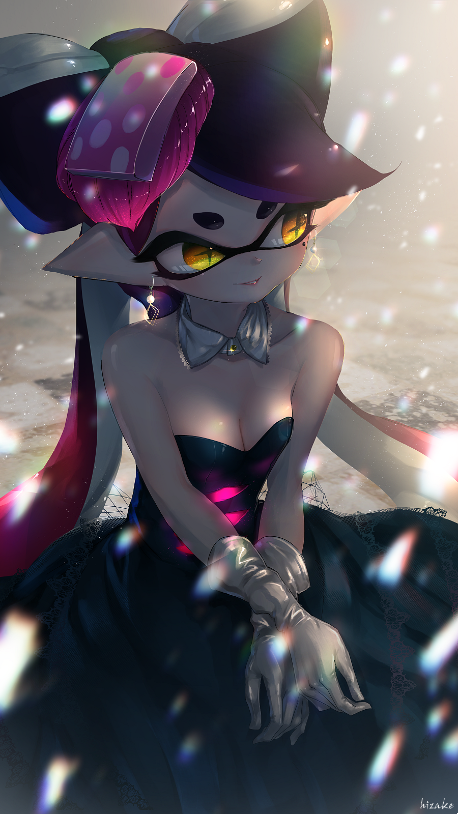 +_+ 1girl aori_(splatoon) bare_shoulders black_dress black_hair blurry breasts chromatic_aberration cleavage collarbone commentary_request depth_of_field detached_collar domino_mask dress earrings food food_on_head glint gloves glowing gradient_hair highres jewelry kashu_(hizake) lace lace-trimmed_collar lace-trimmed_dress lace_trim lens_flare light long_hair looking_away mask mole mole_under_eye motion_blur multicolored_hair object_on_head parted_lips pink_hair pointy_ears shade short_eyebrows side_glance signature sitting small_breasts smile snowing solo splatoon splatoon_1 strapless strapless_dress sushi tentacle_hair thick_eyebrows very_long_hair white_gloves yellow_eyes