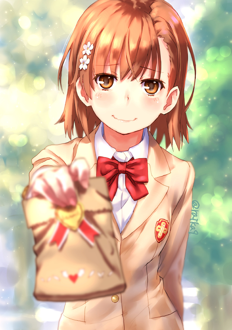 1girl bag blazer blurry bow brown_eyes brown_hair depth_of_field flower hair_flower hair_ornament hairclip jacket looking_at_viewer misaka_mikoto paper_bag raika9 red_bow short_hair smile solo standing to_aru_kagaku_no_railgun to_aru_majutsu_no_index tokiwadai_school_uniform tree twitter_username upper_body wavy_mouth