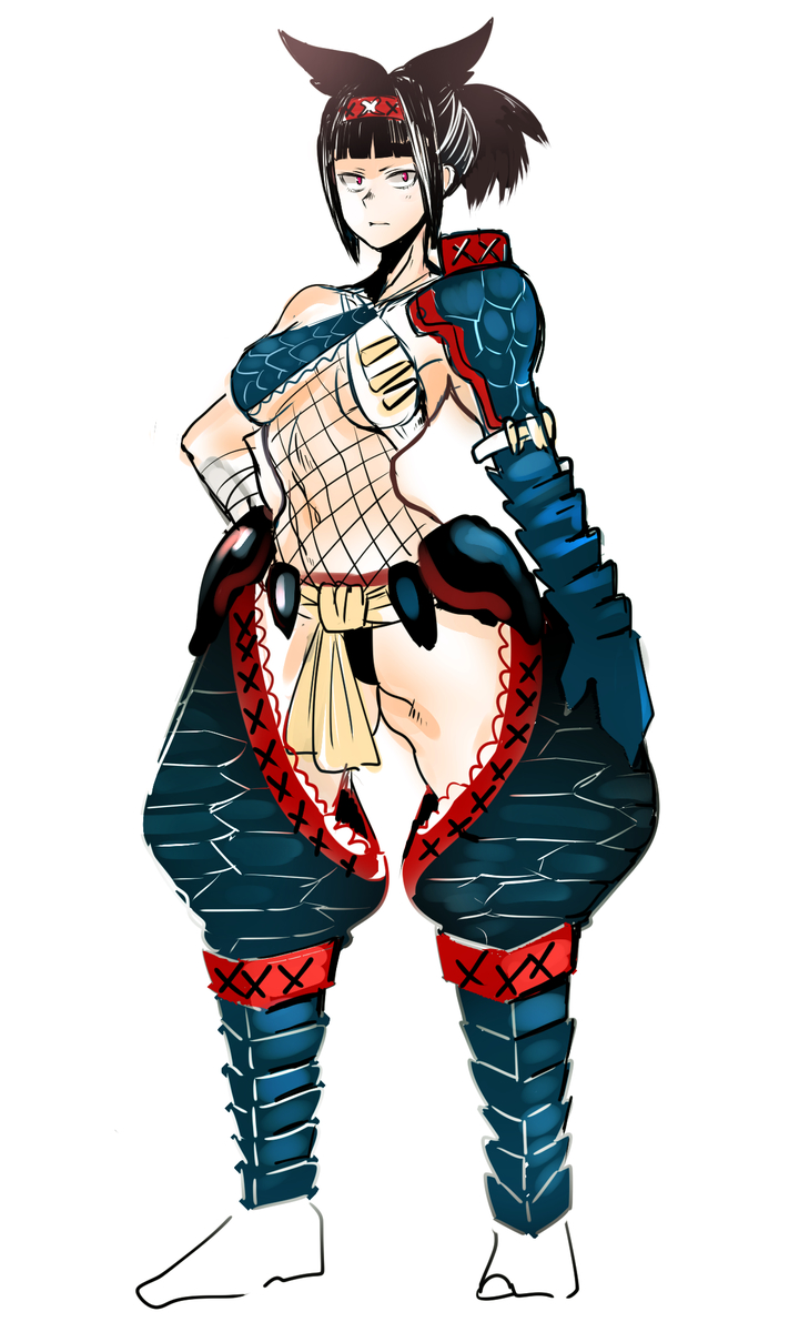 1girl alternate_costume armor baggy_pants bangs black_hair black_panties breasts capcom company_connection constricted_pupils cosplay criss-cross_halter eye_(mememem) fishnets full_body greaves hairband halterneck han_juri hand_on_hip highres looking_at_viewer medium_breasts monster_hunter nargacuga_(armor) navel panties pants red_eyes sash short_hair short_twintails single_gauntlet single_pauldron sketch solo street_fighter street_fighter_v twintails under_boob underwear