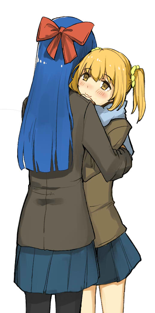 2girls :3 bangs black_jacket black_legwear blue_hair blue_scarf blue_skirt blush bow brown_eyes brown_hair brown_jacket closed_mouth eyebrows_visible_through_hair hair_bow hair_ornament hair_scrunchie hug jacket long_hair long_sleeves looking_at_viewer multiple_girls pantyhose pipimi pleated_skirt poptepipic popuko red_bow scarf scrunchie simple_background skirt standing two_side_up white_background wz_(52889) yellow_scrunchie yuri