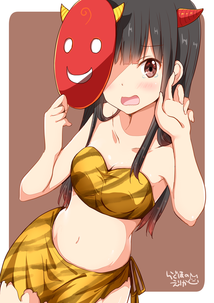 1girl black_hair blush brown_eyes chijou_noko chikanoko collarbone commentary_request long_hair looking_at_viewer navel oni_costume oni_horns oni_mask open_mouth ragho_no_erika setsubun solo tears