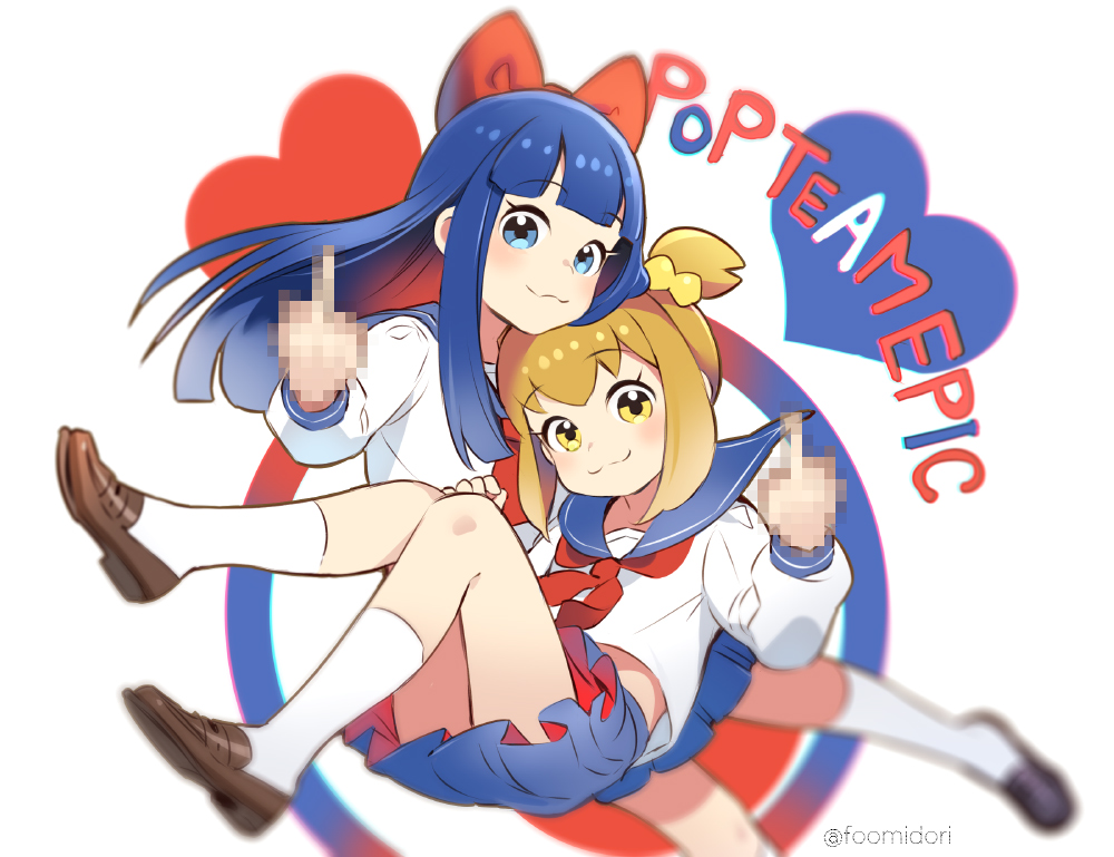 2girls :3 artist_name bkub_(style) blouse blue_eyes blue_hair blue_sailor_collar blue_skirt blurry bow brown_footwear censored commentary_request copyright_name eyebrows_visible_through_hair hair_bow heart kneehighs loafers long_hair long_sleeves middle_finger midori_fuu midriff mosaic_censoring multiple_girls neckerchief one_side_up parody pipimi pleated_skirt poptepipic popuko red_bow red_neckwear sailor_collar shirt shoes short_hair sidelocks simple_background skirt style_parody twitter_username white_background white_legwear white_shirt yellow_eyes yellow_neckwear