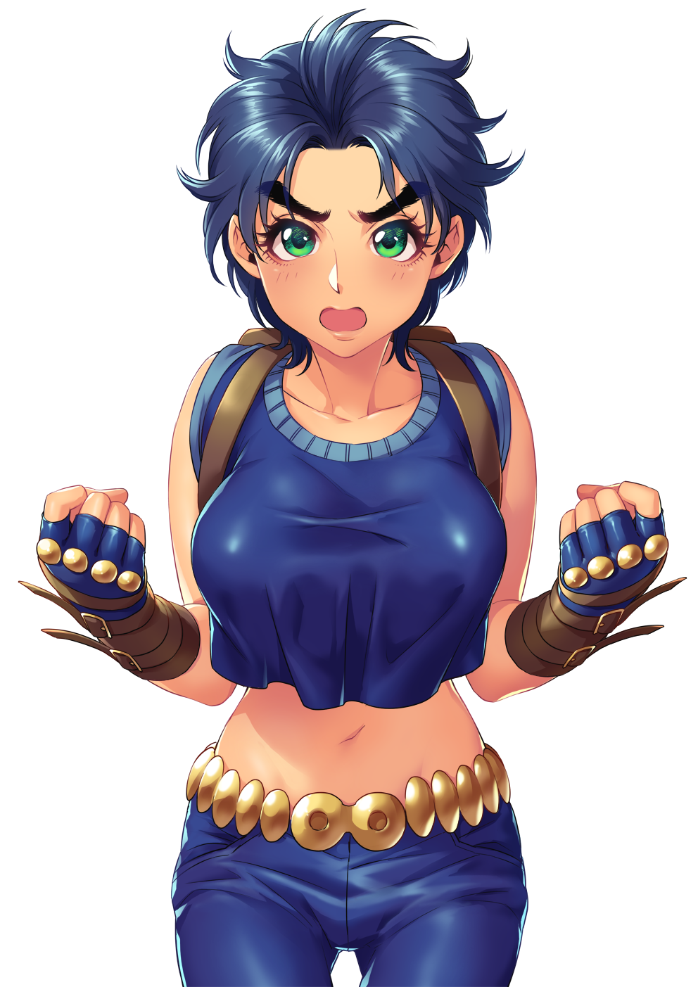 1girl arm_belt backpack bag belt blue_gloves blue_hair blue_pants blush breasts cowboy_shot crop_top fingerless_gloves genderswap genderswap_(mtf) gloves green_eyes highres jojo_no_kimyou_na_bouken jonathan_joestar kotatsu_(g-rough) large_breasts looking_at_viewer midriff navel open_mouth pants phantom_blood short_hair simple_background solo standing thick_eyebrows white_background