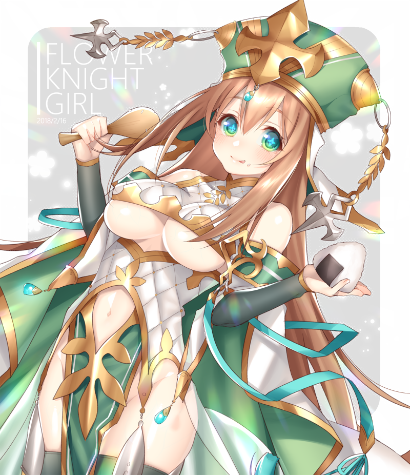 1girl :q blue_eyes breasts brown_hair cape copyright_name cowboy_shot flower_knight_girl food food_on_face green_eyes green_hat grey_background hat hattori_masaki holding holding_food large_breasts long_hair looking_at_viewer multicolored multicolored_eyes navel navel_cutout onigiri ribbon rice_spoon rounded_corners solo symbol-shaped_pupils tongue tongue_out touka_(flower_knight_girl) under_boob