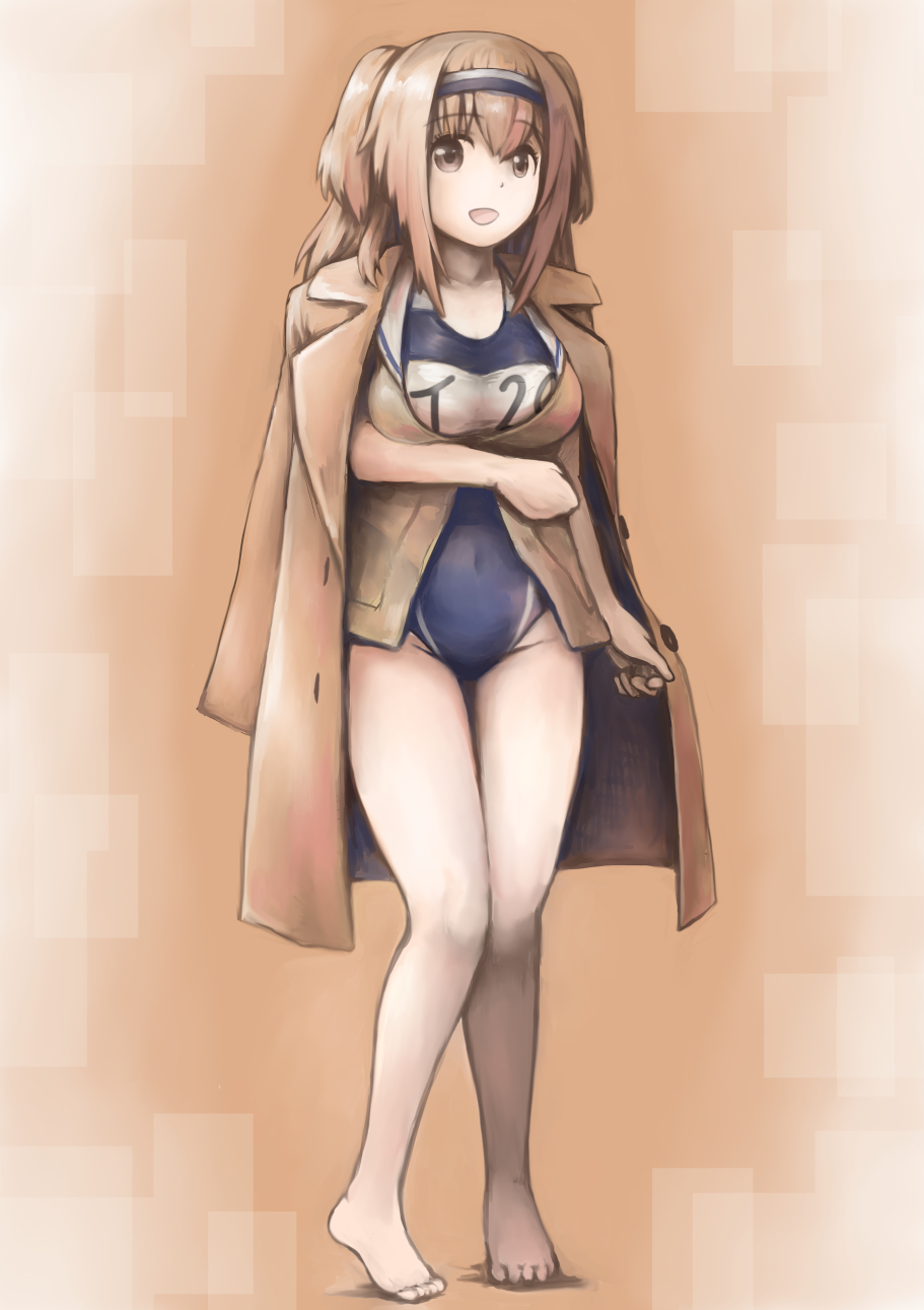 bare_legs breasts coat full_body hairband highres i-26_(kantai_collection) jacket kantai_collection large_breasts light_brown_eyes light_brown_hair long_hair long_sleeves miyasutou name_tag new_school_swimsuit one-piece_swimsuit open_clothes open_mouth orange_background sailor_collar school_swimsuit smile swimsuit swimsuit_under_clothes two-tone_hairband two_side_up