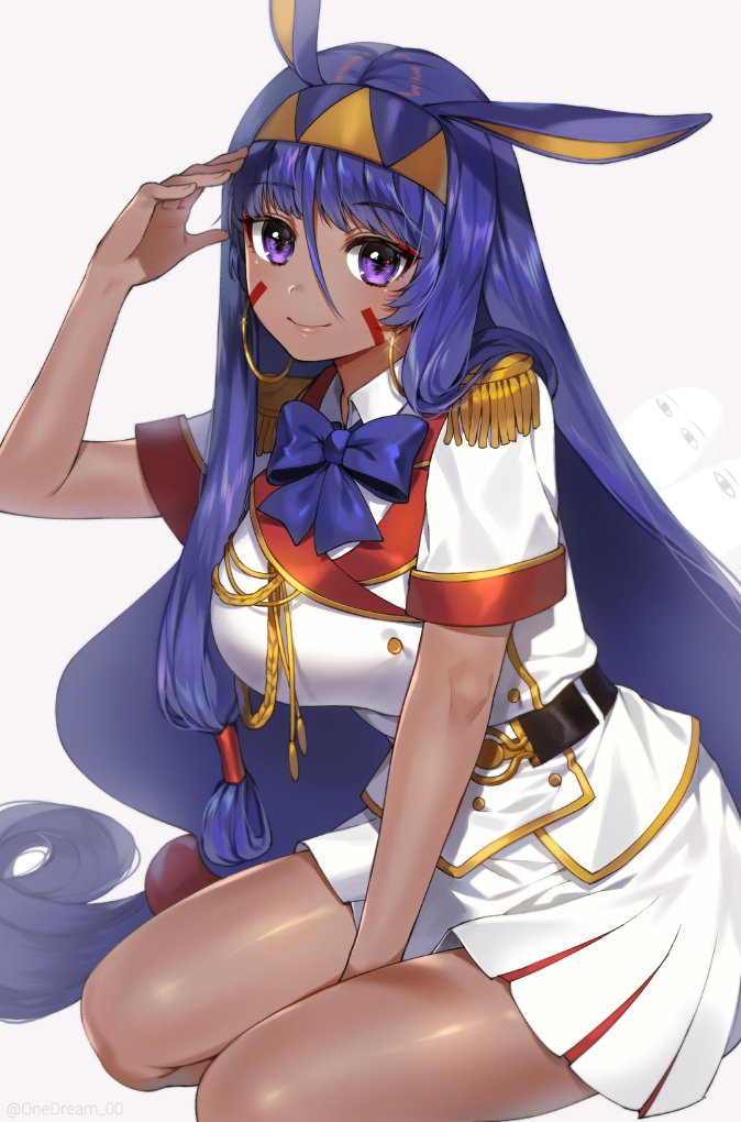 1girl bangs bare_legs belt between_legs black_belt blue_bow blue_hair bow closed_mouth collared_shirt commentary_request earrings egyptian epaulettes eyebrows_visible_through_hair facepaint facial_mark fate/grand_order fate_(series) gijang grey_background hair_between_eyes hand_between_legs hand_up headband hoop_earrings jackal_ears jewelry long_hair looking_at_viewer low-tied_long_hair medjed military nitocris_(fate/grand_order) salute shiny shiny_skin shirt short_sleeves simple_background sitting skirt smile solo_focus very_long_hair white_skirt