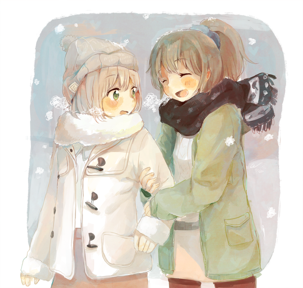 2girls :d arm_hug bangs beanie black_scarf blue_scrunchie blush breath brown_hair closed_eyes coat collared_shirt commentary_request eyebrows_visible_through_hair fingernails foomi fringe fur_collar green_eyes green_jacket grey_hat grey_skirt hair_between_eyes hair_ornament hair_scrunchie hat high_ponytail jacket long_sleeves looking_at_another multiple_girls open_clothes open_coat open_jacket open_mouth original pantyhose ponytail red_legwear scarf scrunchie shirt skirt sleeves_past_wrists smile snowing white_coat white_shirt white_skirt