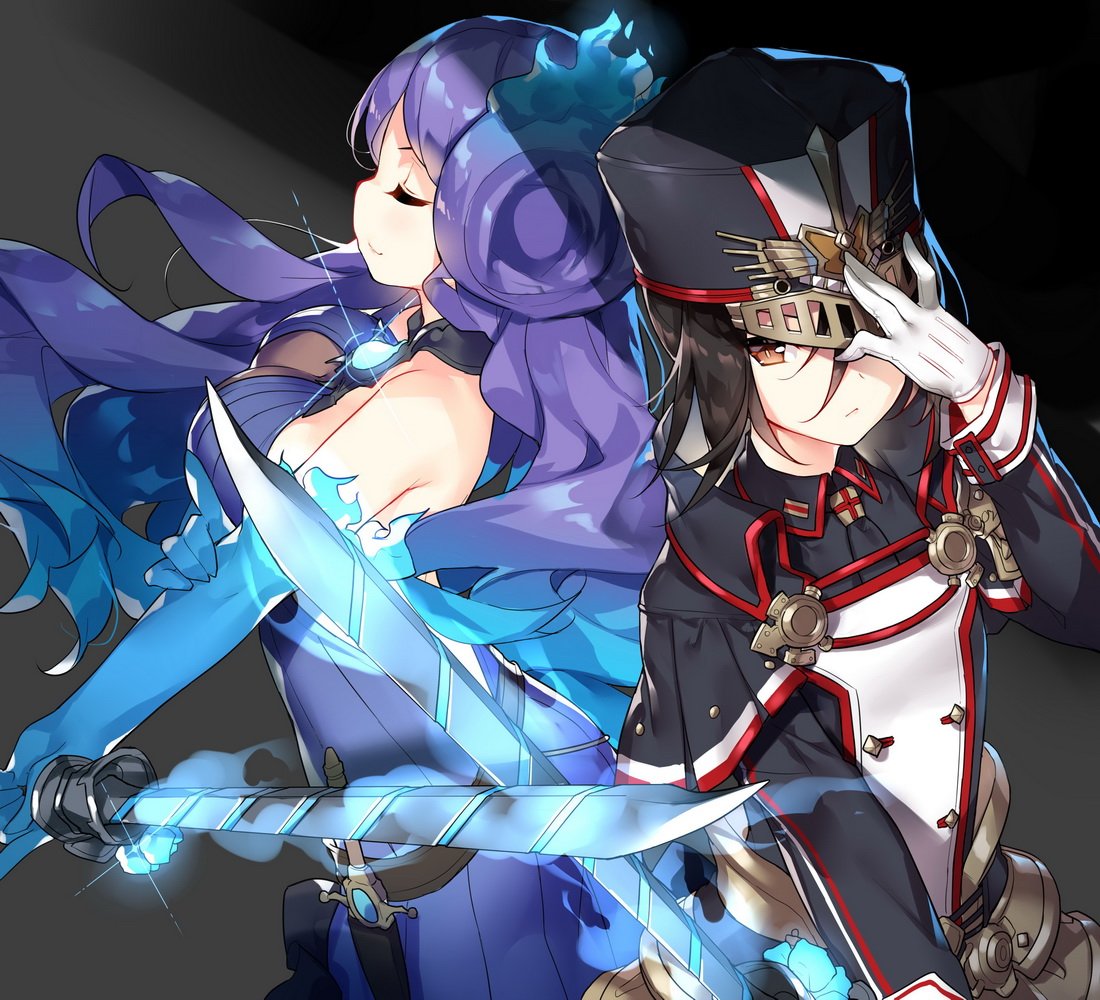 2girls breasts closed_eyes collarbone fire gloves hat kagutsuchi_(xenoblade) long_hair medium_breasts meleph_(xenoblade) military military_hat military_uniform multiple_girls pauldrons purple_hair reverse_trap simple_background smile sword uniform weapon xenoblade xenoblade_2