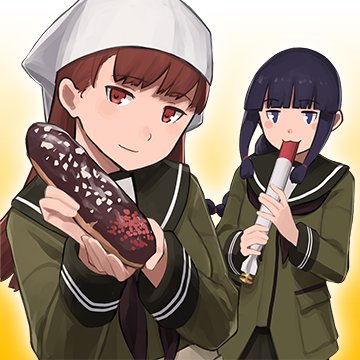 2girls black_eyes black_hair braid brown_eyes brown_hair eclair_(food) kantai_collection kitakami_(kantai_collection) long_hair looking_at_viewer lowres multiple_girls official_art ooi_(kantai_collection) school_uniform serafuku shibafu_(glock23) torpedo