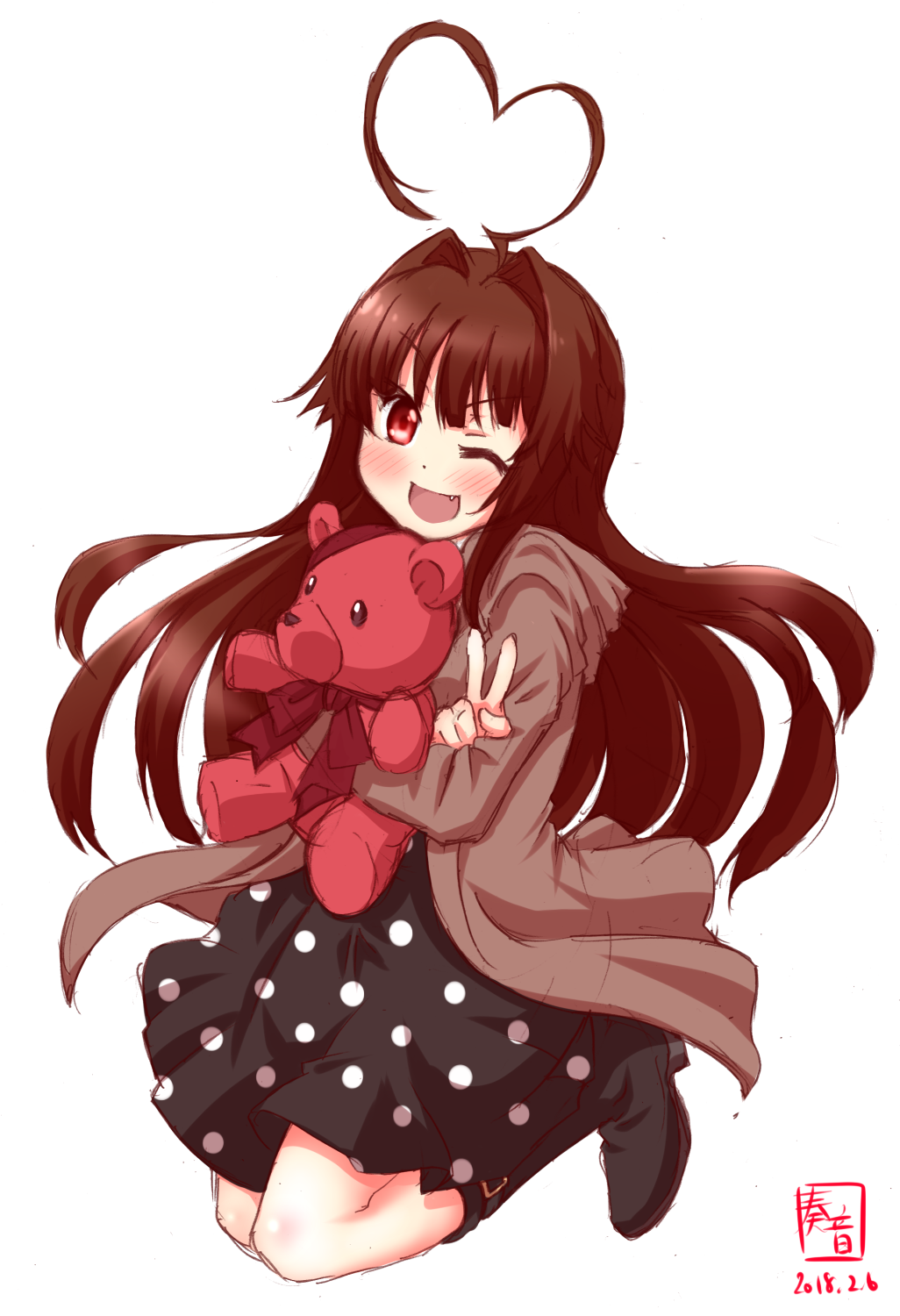 1girl ahoge black_dress brown_hair brown_jacket commentary_request dated dress highres hood hooded_jacket hoodie huge_ahoge jacket kanon_(kurogane_knights) kantai_collection kuma_(kantai_collection) logo long_hair looking_at_viewer object_hug one_eye_closed open_mouth polka_dot polka_dot_dress red_eyes simple_background smile solo stuffed_animal stuffed_toy teddy_bear v white_background