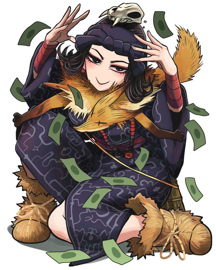 1girl :&gt; ainu ainu_clothes animal_skull arms_up bandanna bangs black_hair earrings eyeshadow flipped_hair fur gashi-gashi golden_kamuy inkarmat jewelry looking_at_viewer makeup money necklace parted_bangs short_hair smile solo