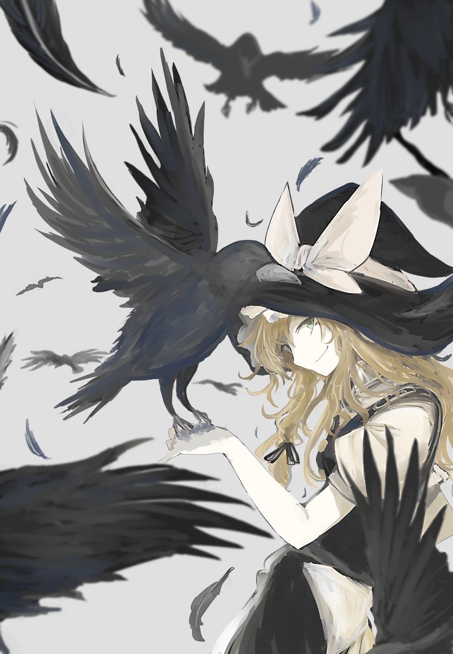 1girl animal animal_on_hand bird black_ribbon black_skirt blonde_hair bow closed_mouth commentary_request cowboy_shot crow feathers from_side green_eyes grey_background hair_ribbon hat hat_bow highres kirisame_marisa long_hair looking_at_viewer ne_kuro pale_skin ribbon shirt short_sleeves skirt skirt_set smile solo touhou white_bow white_shirt witch_hat